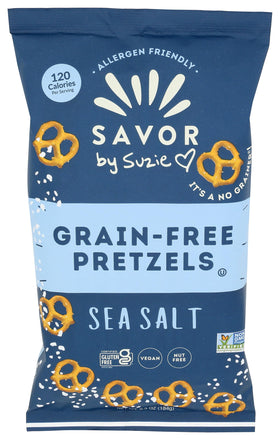 Savor By Susie sea salt grain free pretzels packaging front gluten-free snack option