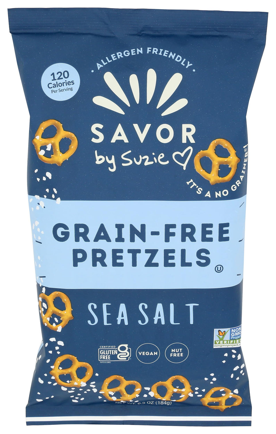 Savor By Susie sea salt grain free pretzels packaging front gluten-free snack option
