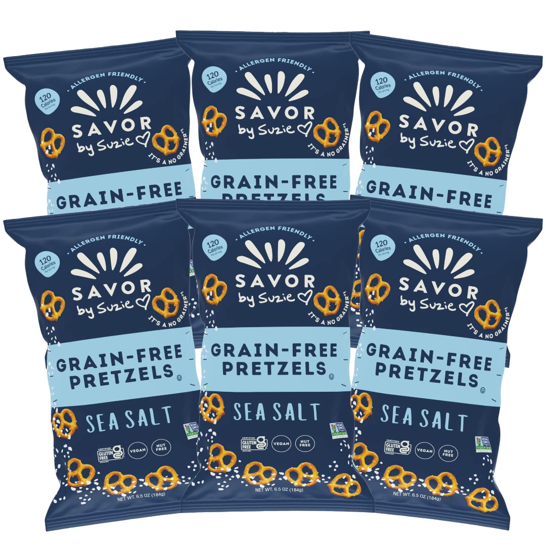 Savor by Suzie gluten-free sea salt pretzels in a 6-pack bag, crisp and crunchy.