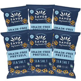 Savor by Suzie gluten-free sea salt pretzels in a 6-pack bag, crisp and crunchy.