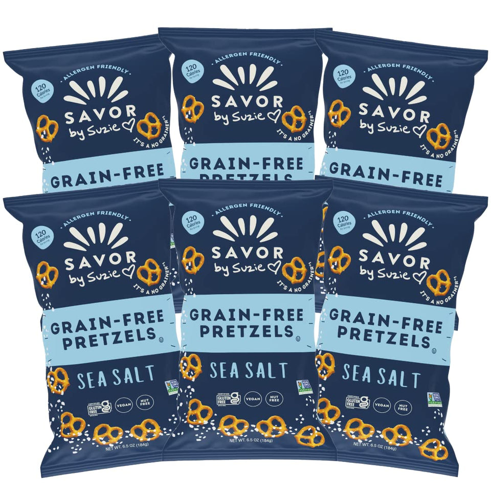 Savor by Suzie gluten-free sea salt pretzels in a 6-pack bag, crisp and crunchy.