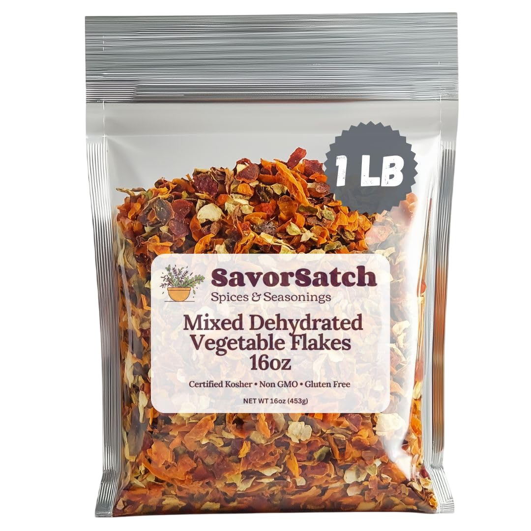 SavorSatch dehydrated mixed vegetable flakes in pouch, ready to enrich meals.