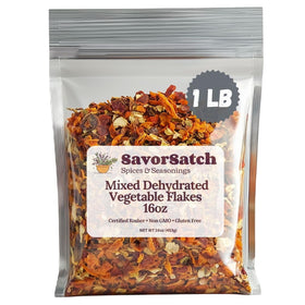 SavorSatch dehydrated mixed vegetable flakes in pouch, ready to enrich meals.