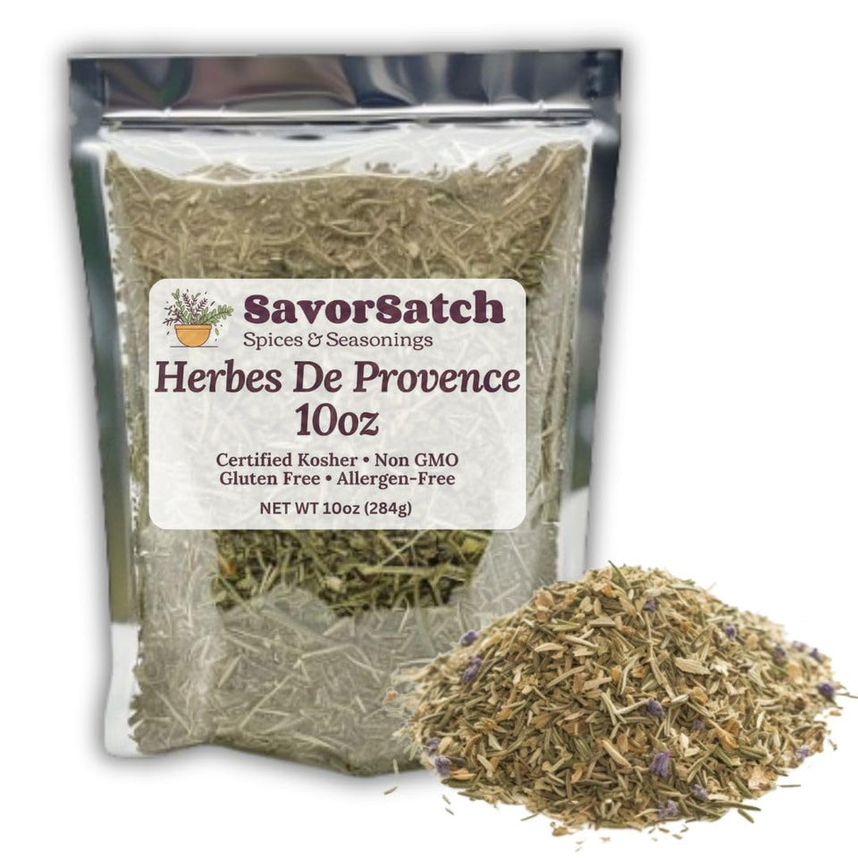 SavorSatch Herbs of Provence bottle close-up enhances dishes with Provence aroma
