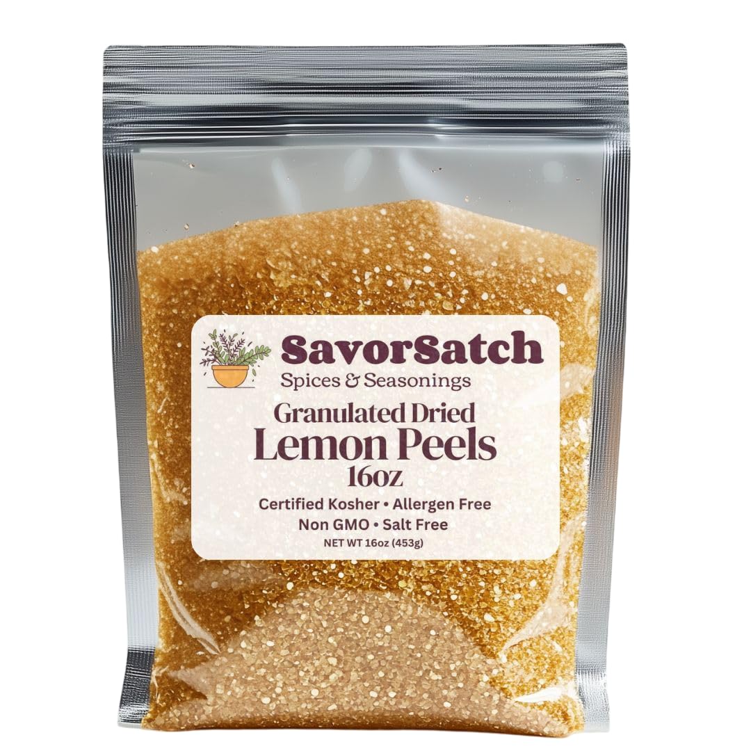 SavorSatch Lemon Peel Granules in resealable pouch for convenient citrus flavor.