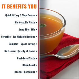 SAVORY CHOICE beef broth concentrate being poured into a pot for depth in soups.