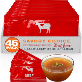 Savory Choice beef broth packet closeup highlighting rich flavor for quick meals.