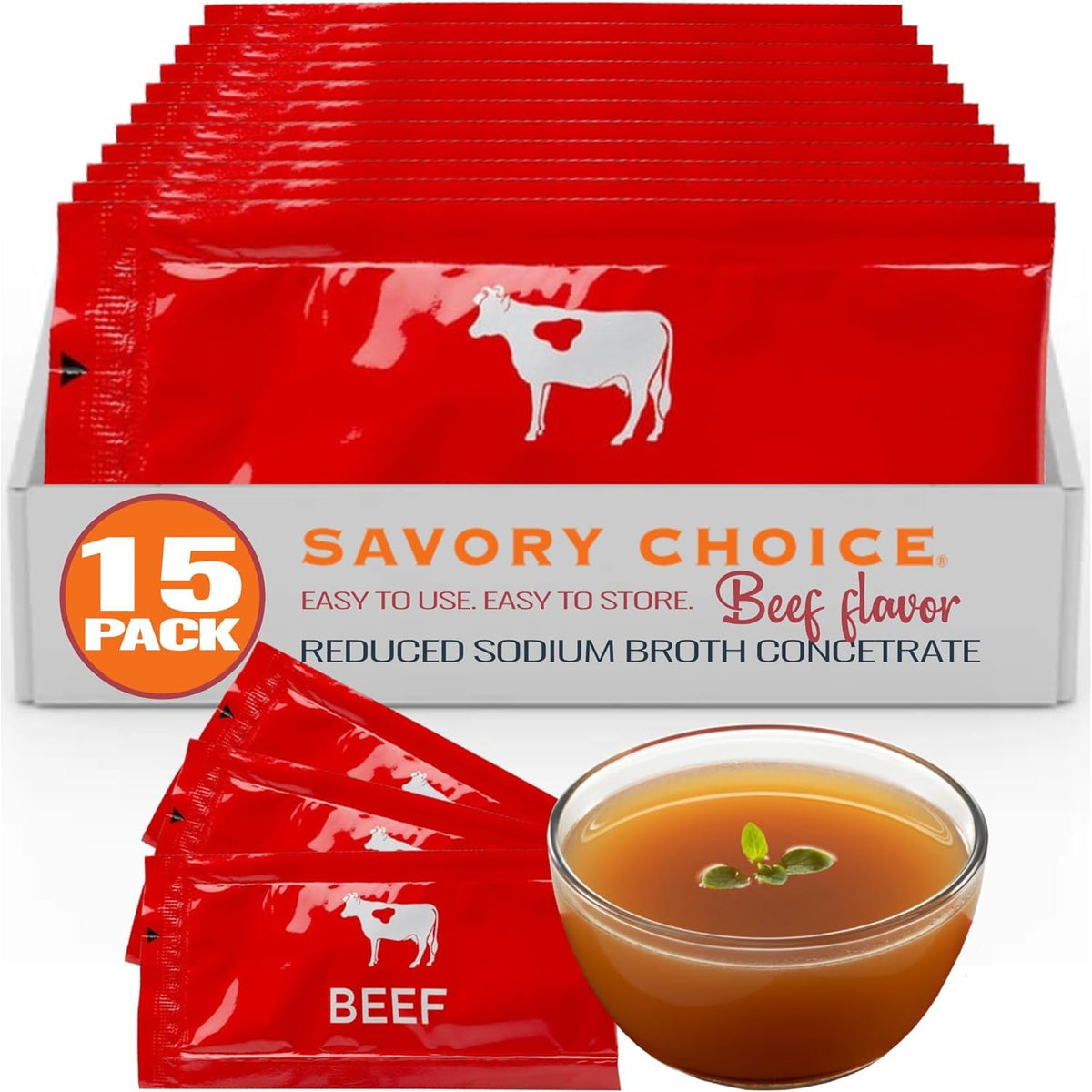 Savory Choice broth packets in packaging for quick meals.