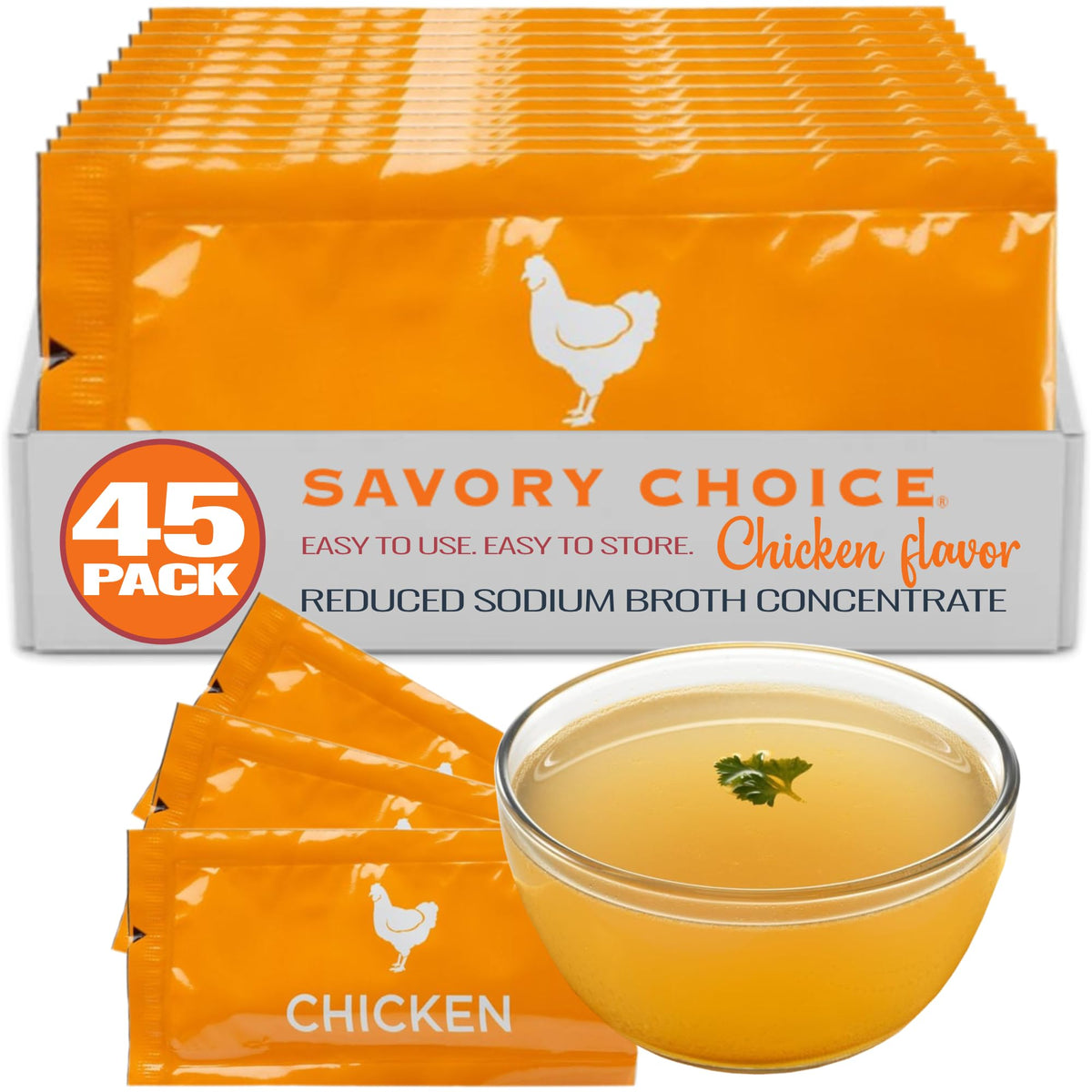 Savory Choice broth packet pour for quick, lower-sodium flavor in meals.