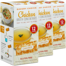 SAVORY CHOICE Chicken Broth Concentrate boxes show three 12g packets for quick, savory stock.