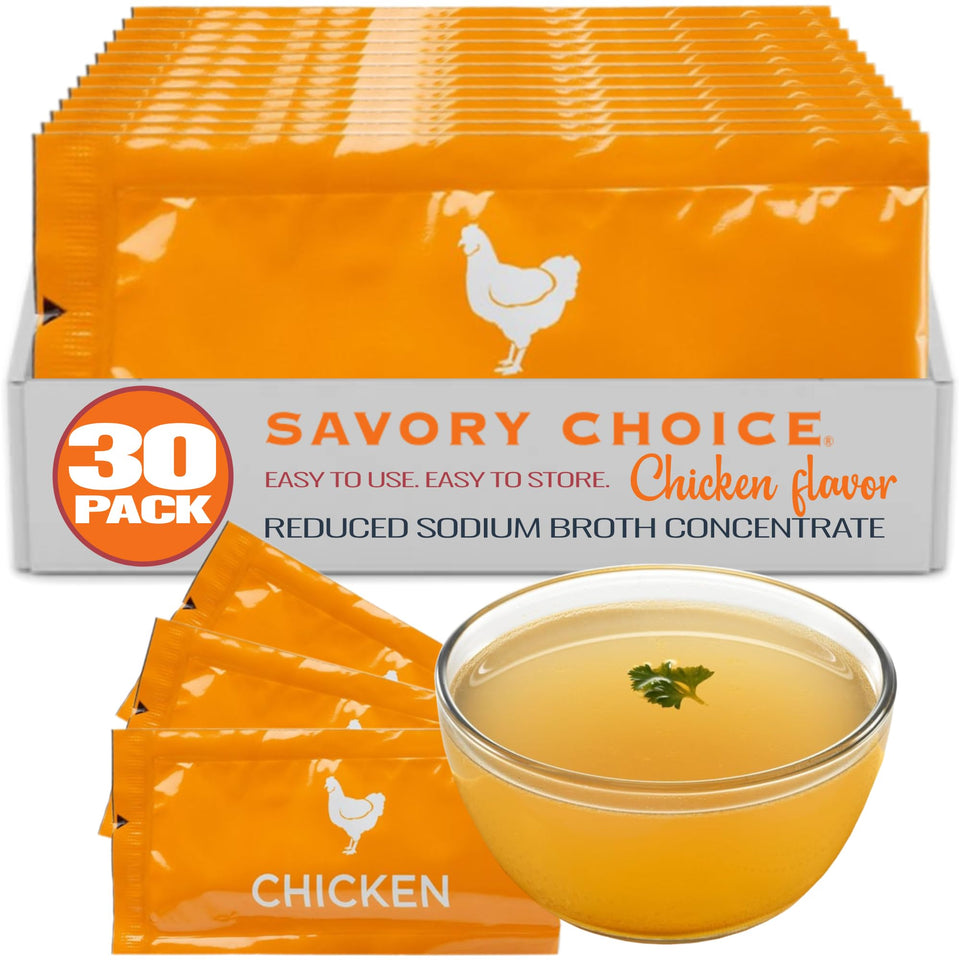 Savory Choice reduced-sodium broth packet on counter for quick soups