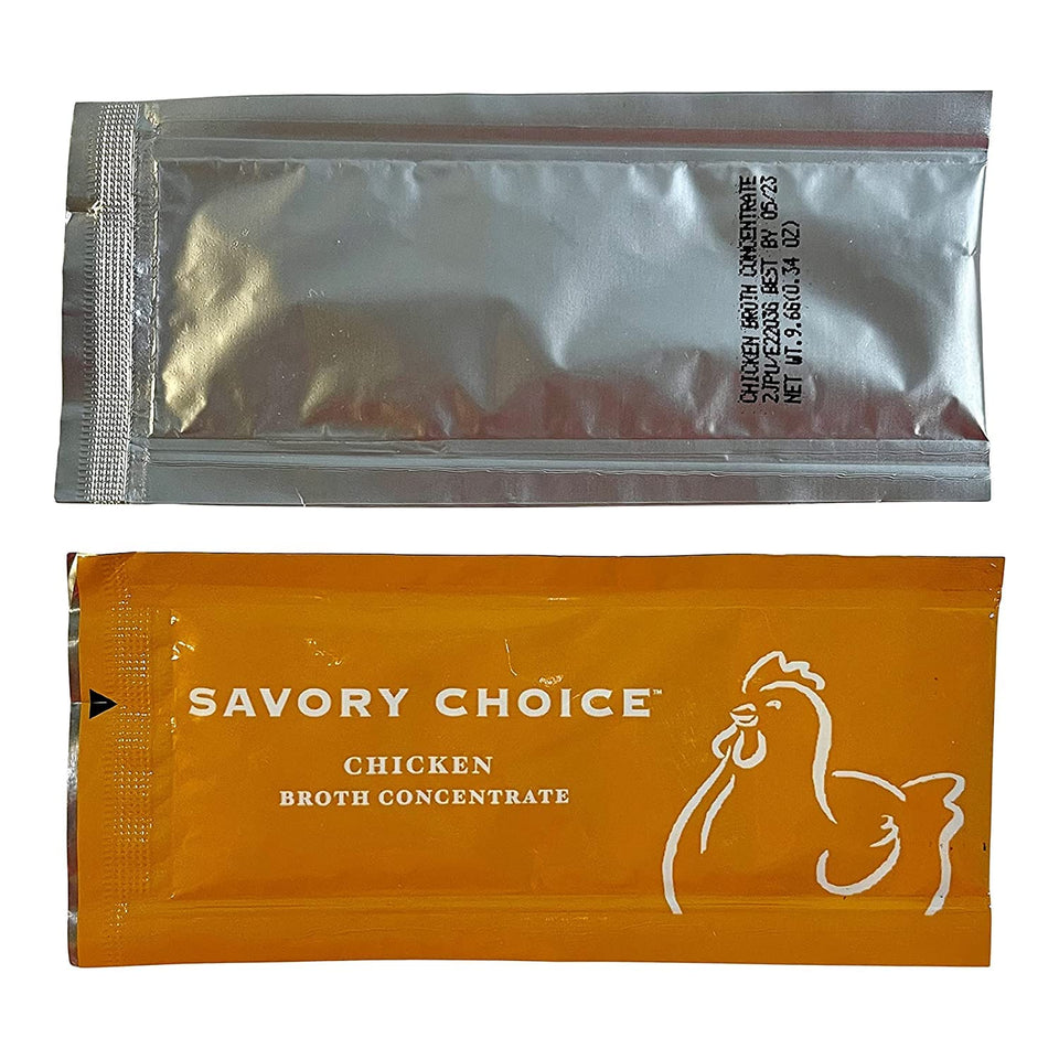 Savory Choice reduced-sodium chicken broth packet front showing bold flavor promise.