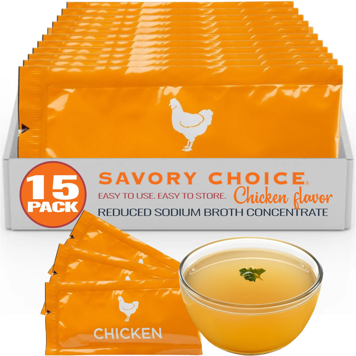 SAVORY CHOICE reduced sodium chicken broth packets dissolve easily for quick soups