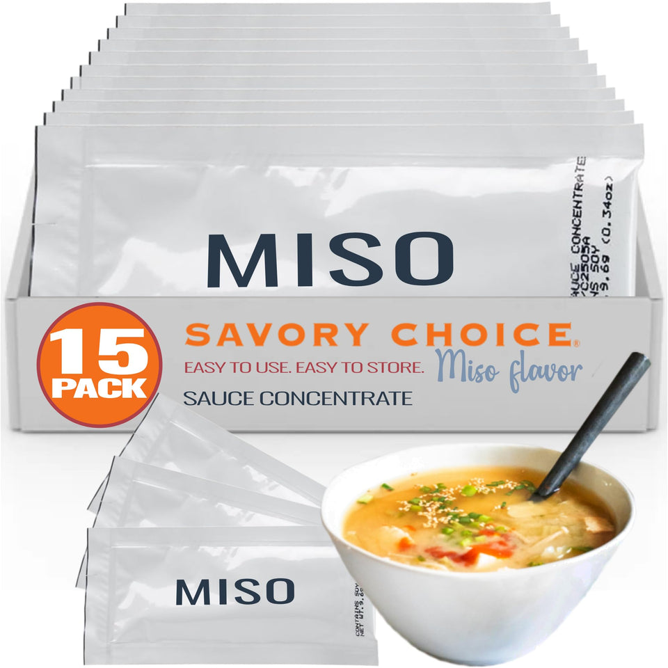 SAVORY CHOICE reduced-sodium miso packets front, quick umami seasoning for meals.