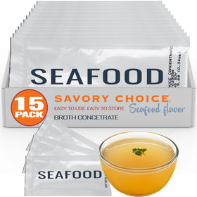 SAVORY CHOICE seafood broth packets packaging shows convenient gluten-free base for quick weeknight meals.