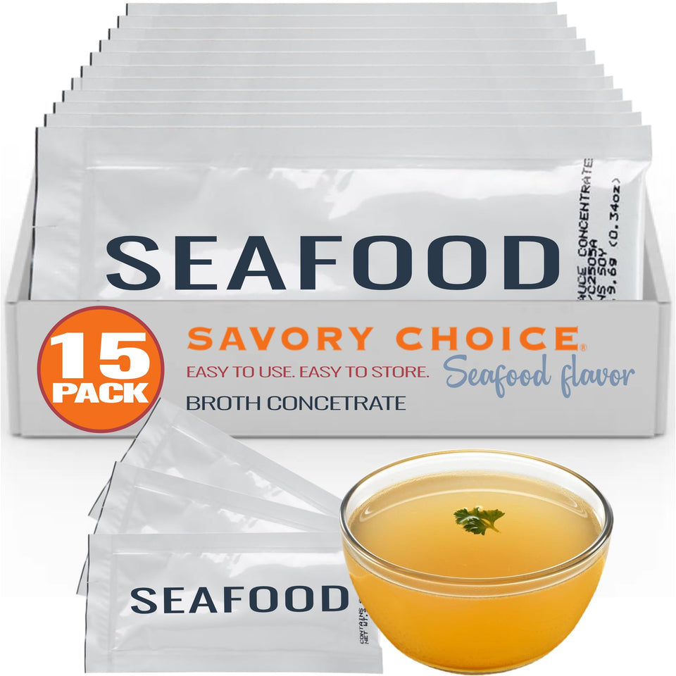 SAVORY CHOICE seafood broth packets packaging shows convenient gluten-free base for quick weeknight meals.