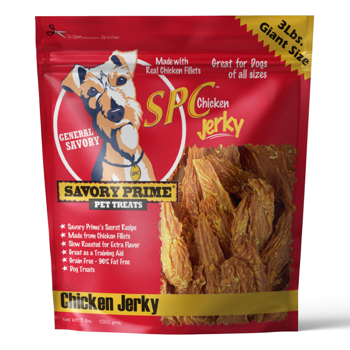 Savory Prime SPC Chicken Jerky bag front view highlights protein-rich snack
