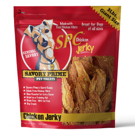 Savory Prime SPC Chicken Jerky bag front view highlights protein-rich snack