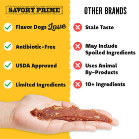 Savory Prime SPC Chicken Jerky close-up texture emphasizes chewy, satisfying bite