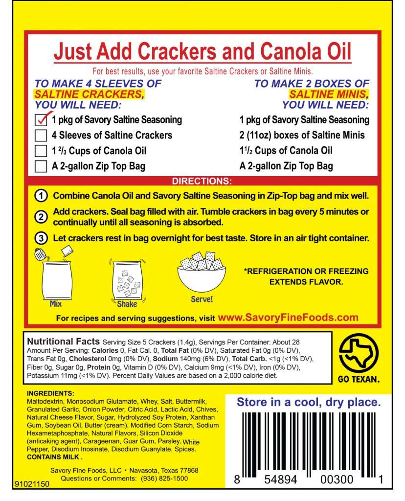 Closeup of Savory Saltine Seasoning original pack showing dusting on crackers.