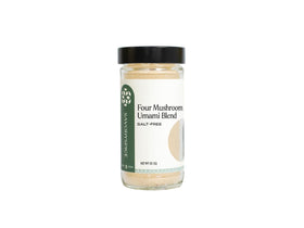 Savory Spice Four Mushroom Umami Blend jar front shows salt-free vegan seasoning option for flavor.