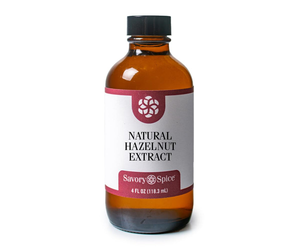Savory Spice hazelnut extract bottle—warm, roasted notes for coffee and desserts.