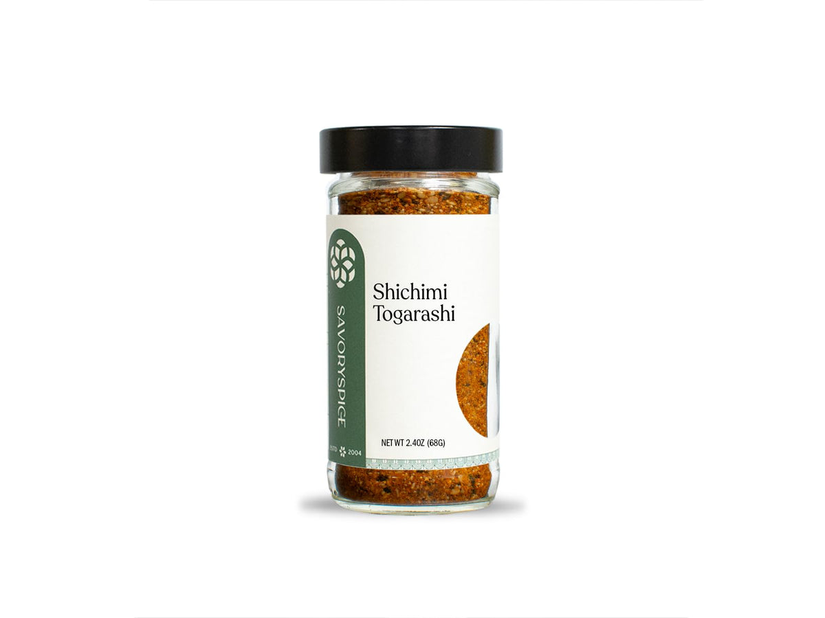 Savory Spice Shichimi Togarashi bottle showing salt-free seven-spice blend for soups.