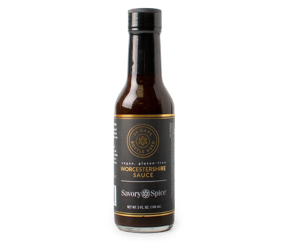 Savory Spice vegan Worcestershire bottle highlights gluten-free umami for marinades.