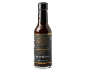 Savory Spice vegan Worcestershire bottle highlights gluten-free umami for marinades.