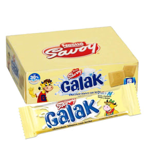 Savoy Galak White Milk Chocolate bar display, creamy texture ideal for quick snacking.