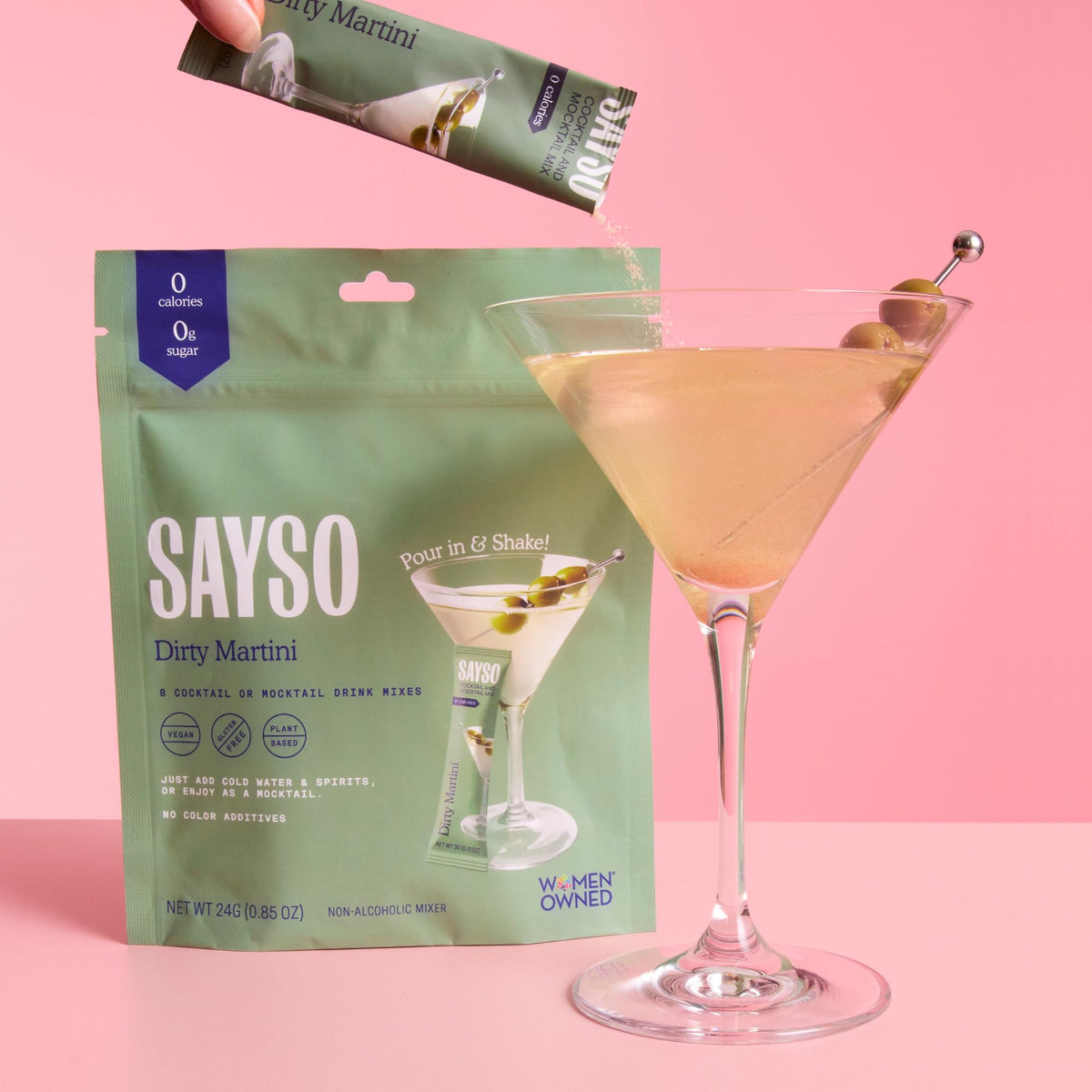 SAYSO Dirty Martini Sticks packaging highlights convenience for on-the-go use
