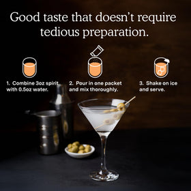 SAYSO Dirty Martini Sticks setup demonstrates quick under-one-minute mixing
