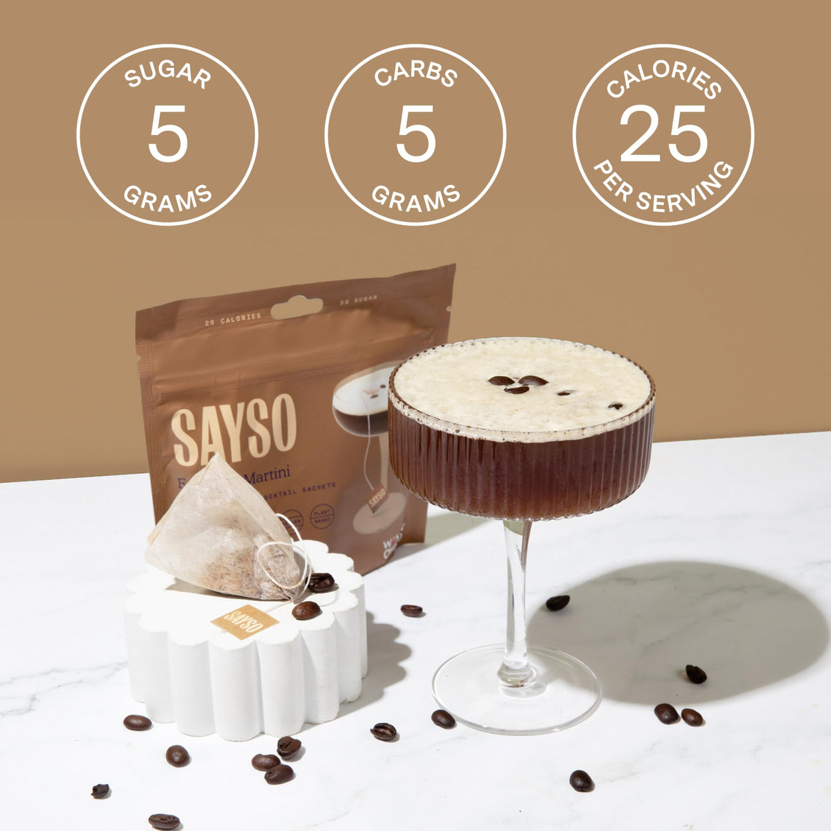 SAYSO Espresso Martini in glass presents a polished cocktail ready to enjoy