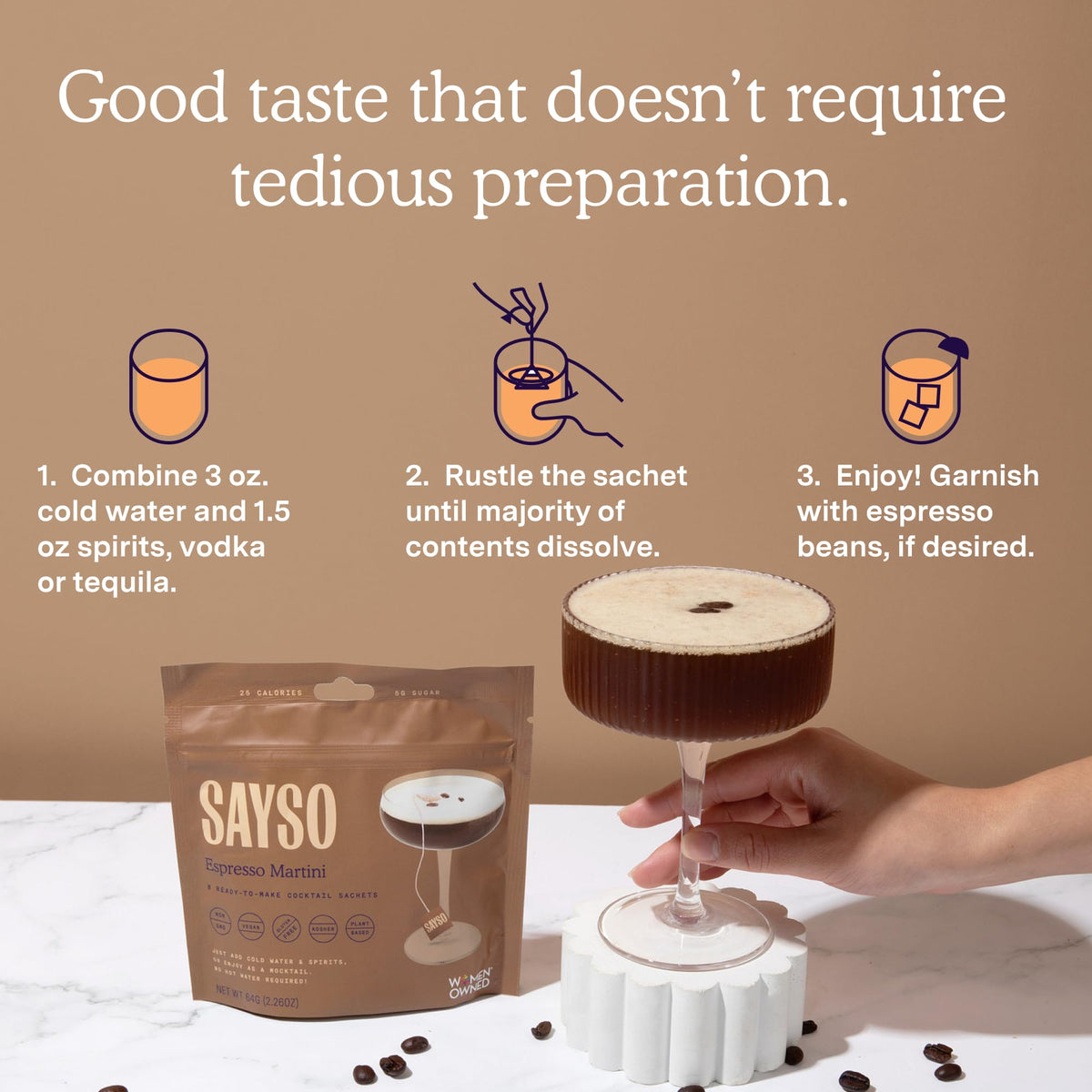 SAYSO powder and granules close-up hint at near-instant infusion