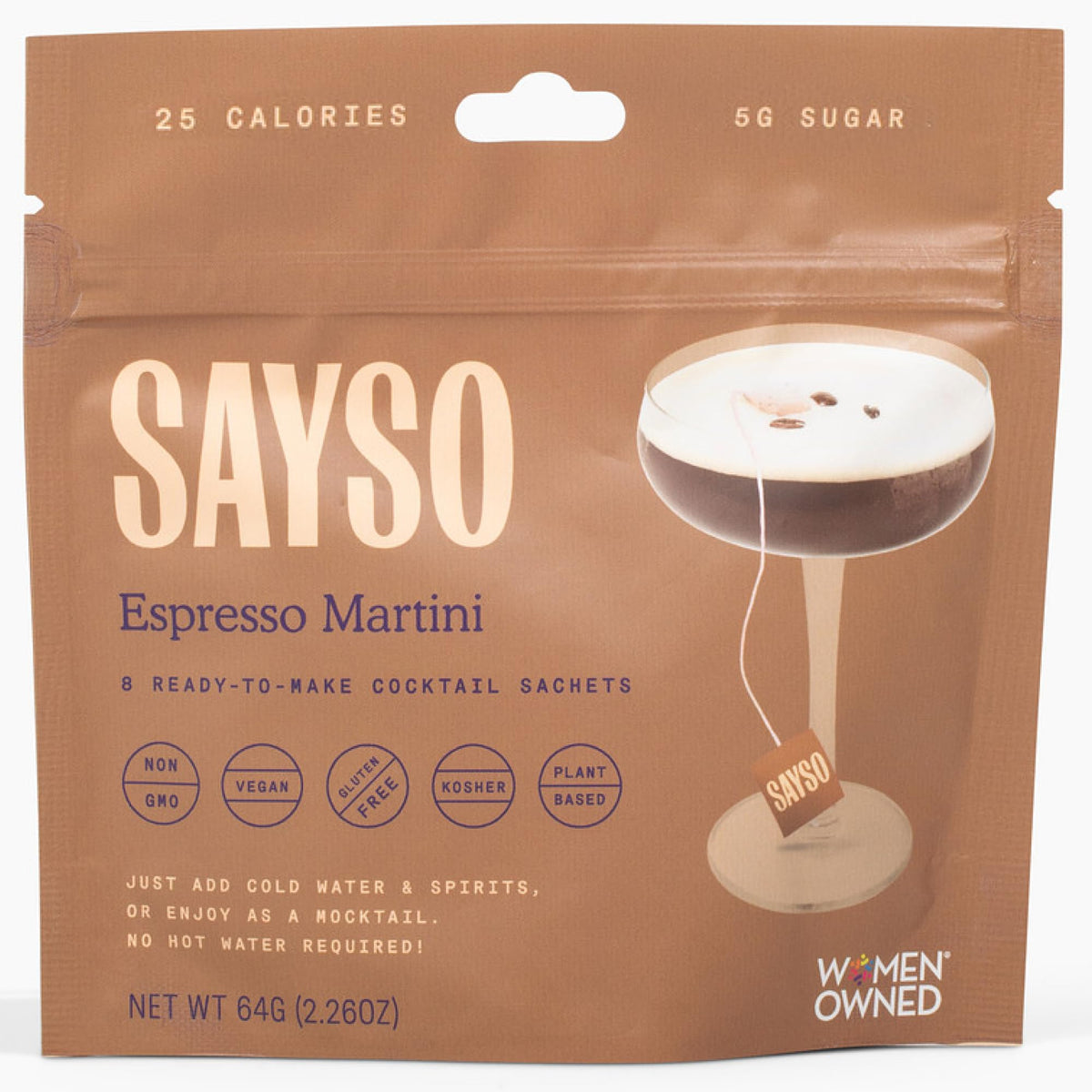 SAYSO Espresso Martini tea bags in packaging showcase a premium cocktail option
