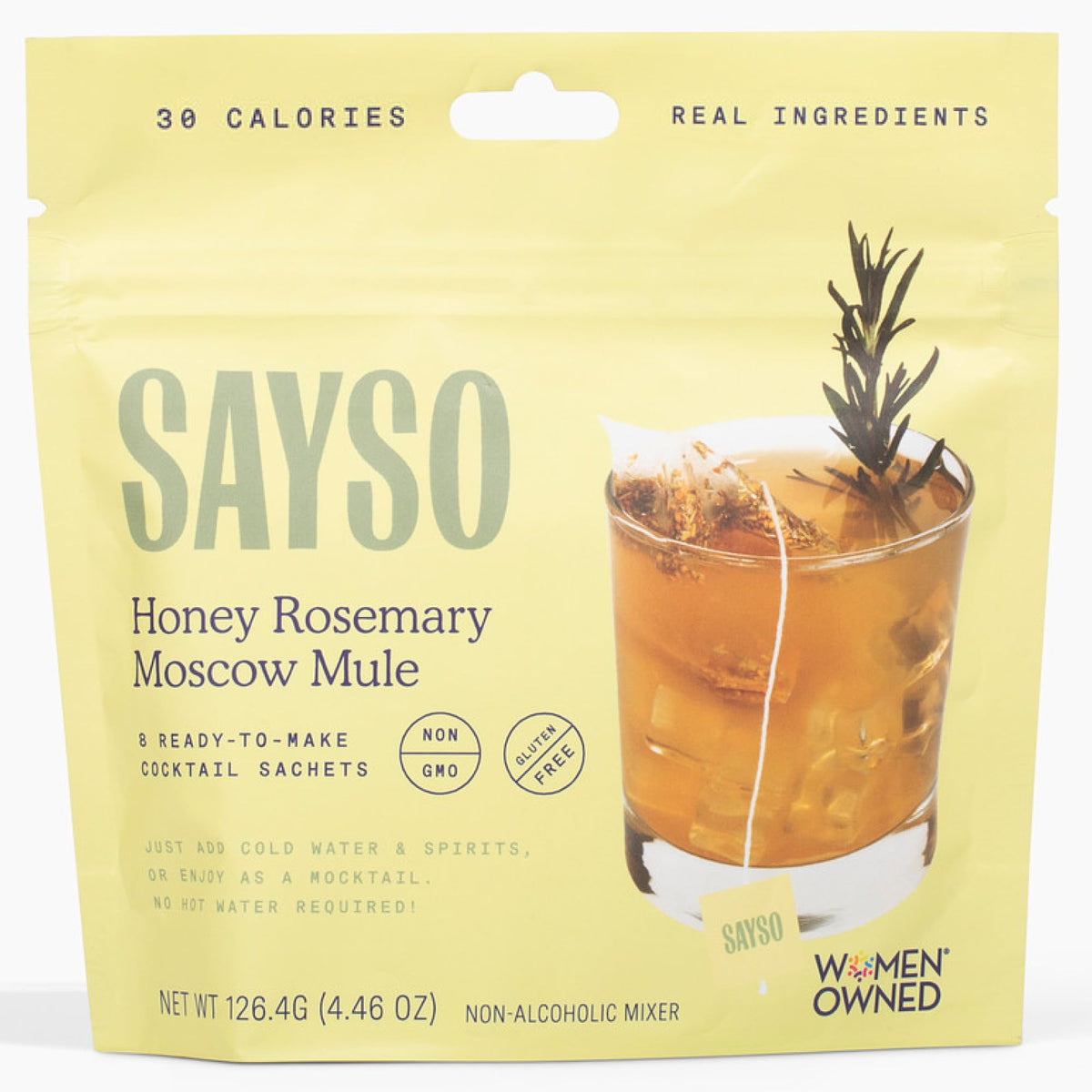 SaySO Honey Rosemary Moscow Mule tea bag infuses quickly in cold water for mocktails