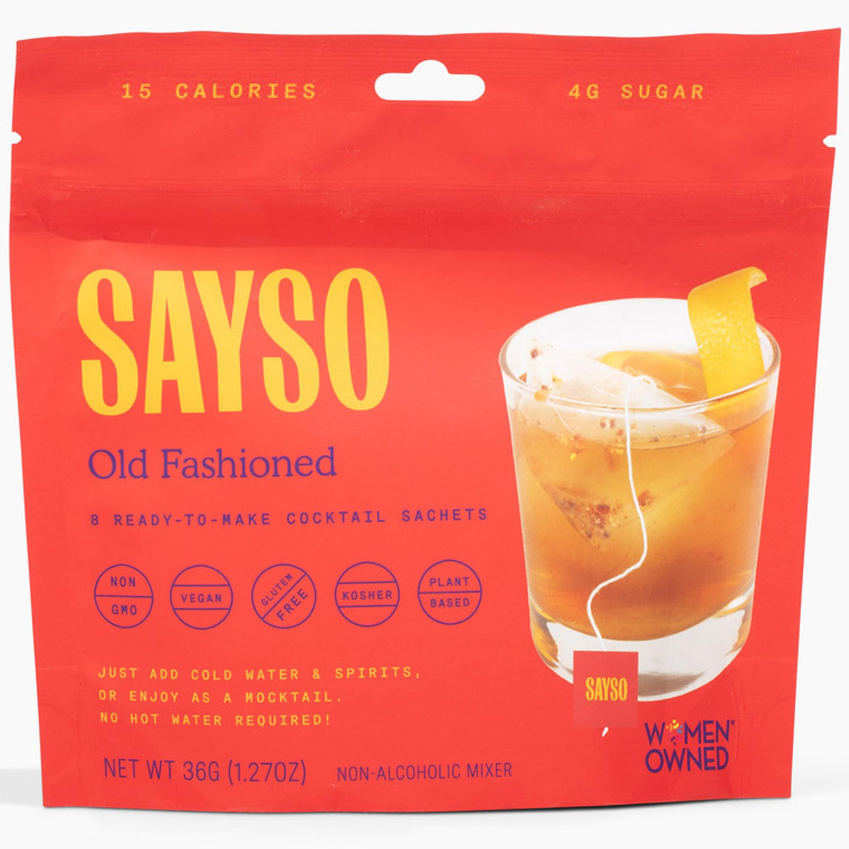 SaySO Old Fashioned tea bag box shows premium ingredients for quality brewing.