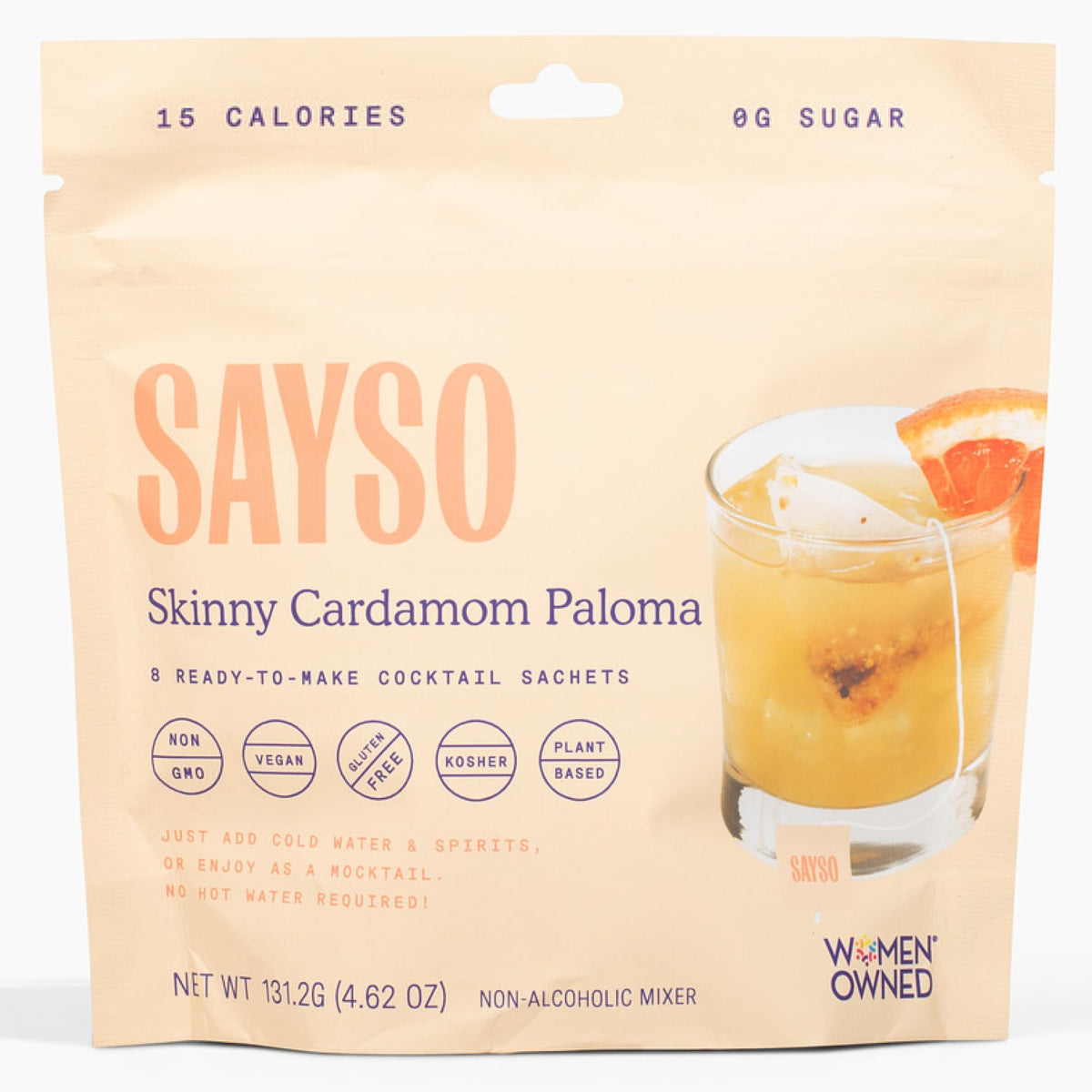SAYSO Skinny Cardamom Paloma tea bag ready for a quick, low-cal cocktail base.