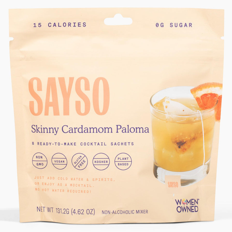 SAYSO Skinny Cardamom Paloma tea bag ready for a quick, low-cal cocktail base.