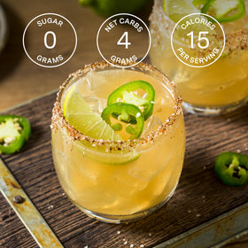 Ingredients close-up on SAYSO Skinny Spicy Margarita Stick label for clarity.