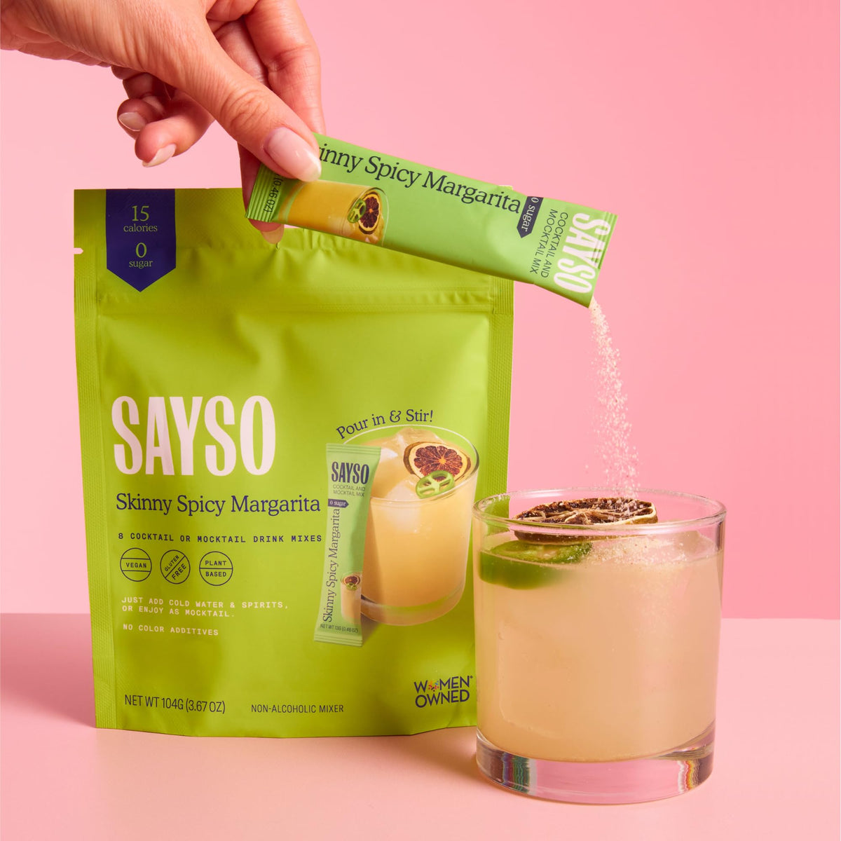 SAYSO Skinny Spicy Margarita Stick packaging highlights all-natural ingredients for clean flavor.