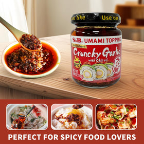 S&B Crunchy Garlic Chili Oil topping on ramen broth for depth.