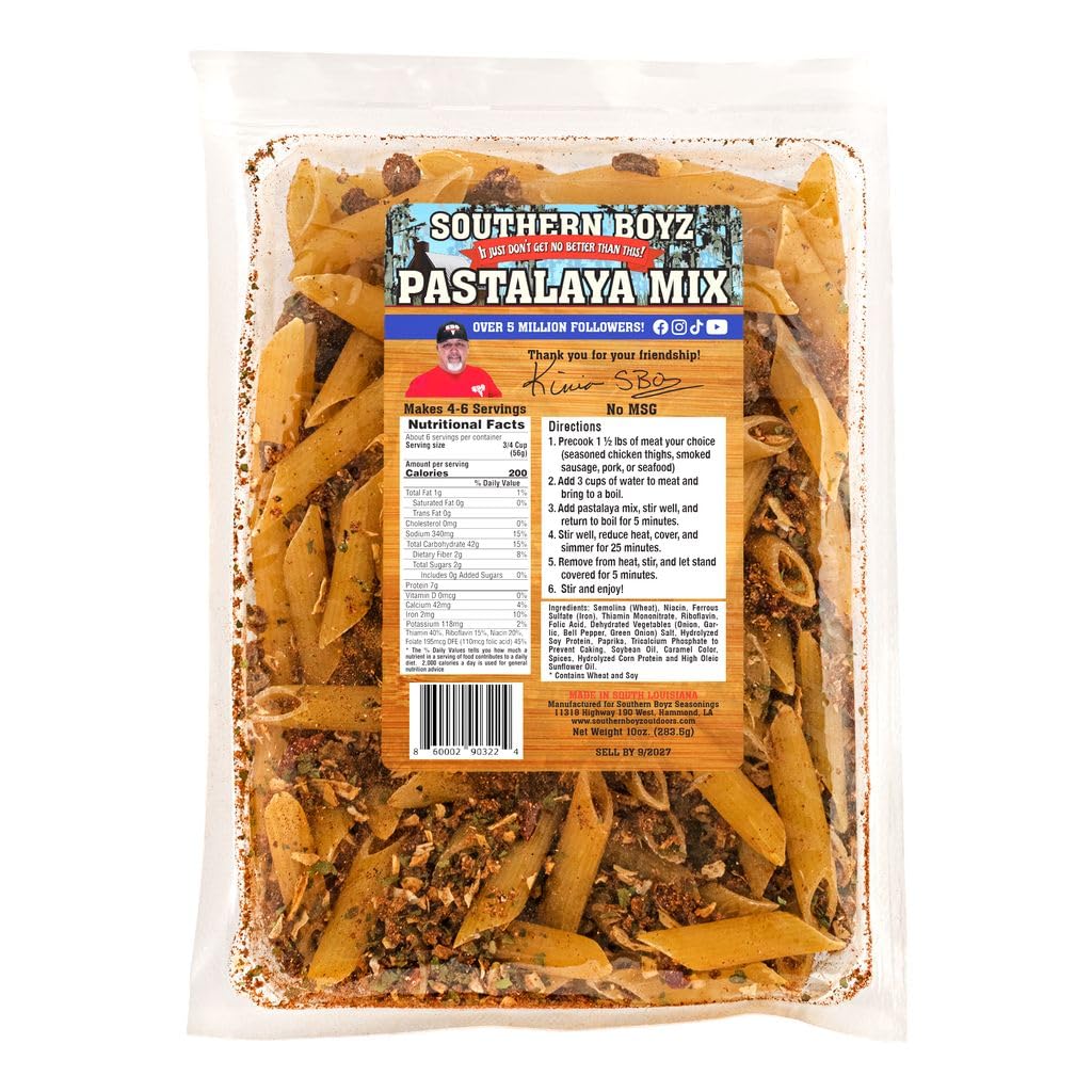 SBO Southern Boyz Outdoors Pastalaya mix with penne for quick, flavorful weeknight dinners.