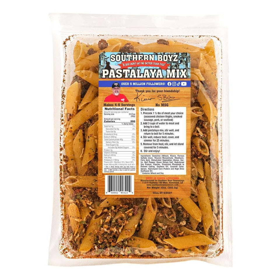 SBO Southern Boyz Outdoors Pastalaya mix with penne for quick, flavorful weeknight dinners.