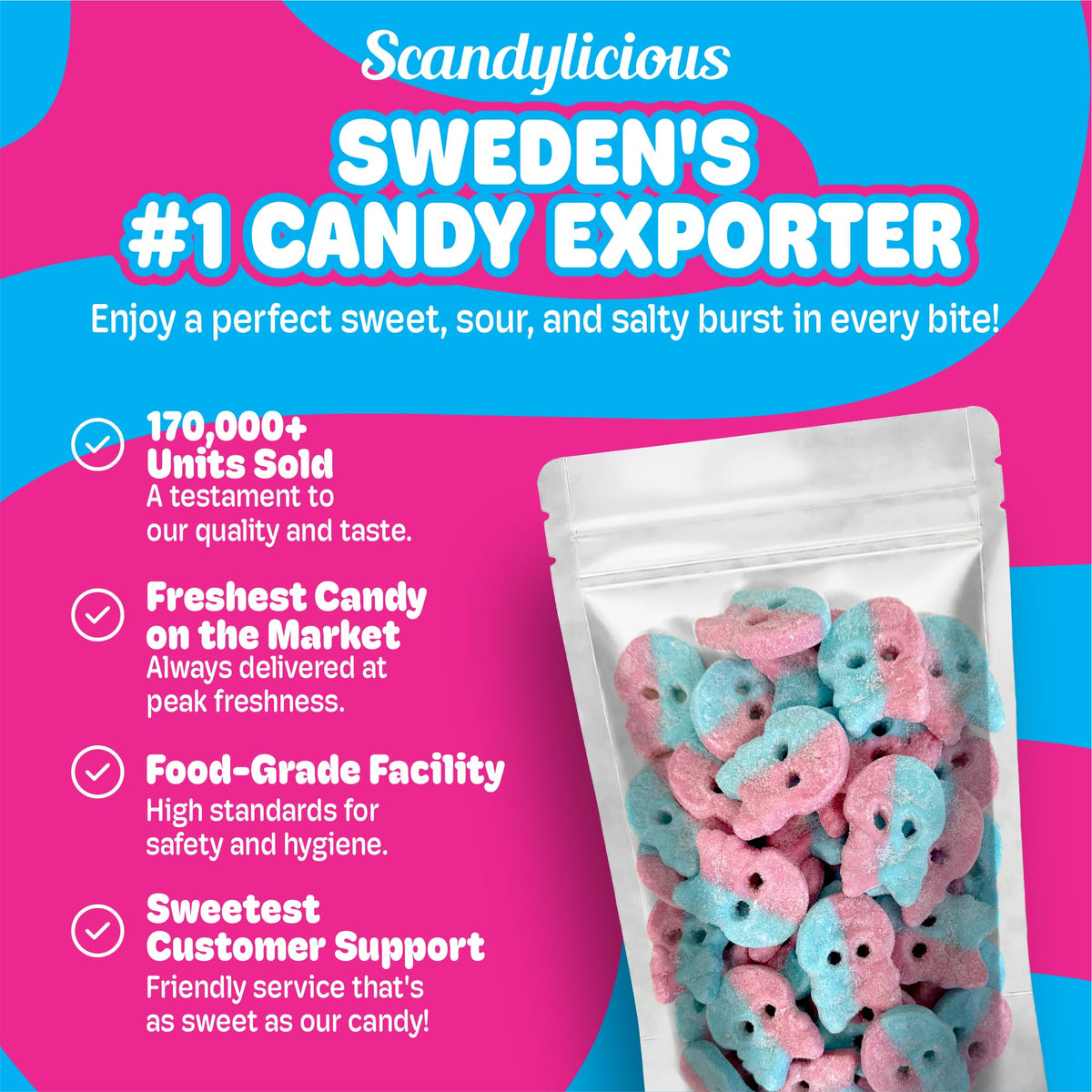 Close-up of chewy, colorful Dizzy Skulls highlighting soft texture and fruit flavors.
