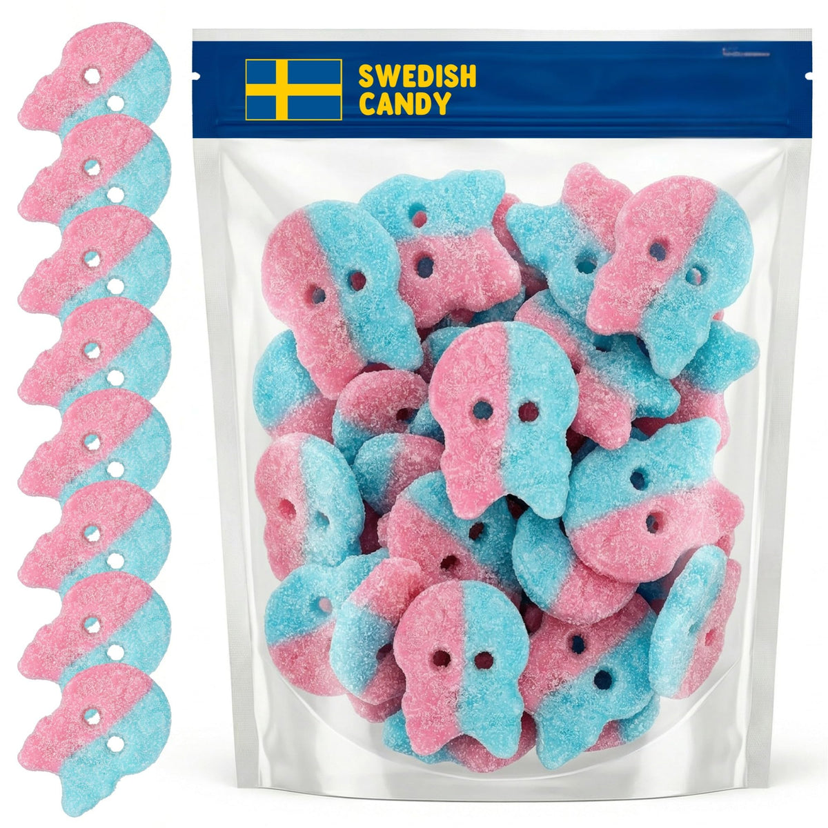 Scandylicious Bubs Dizzy Skulls package front, colorful vegan Swedish candy for snacking