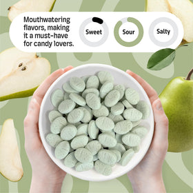 Snack plate with Scandylicious Bubs pear mini sour ovals; perfect for gatherings.