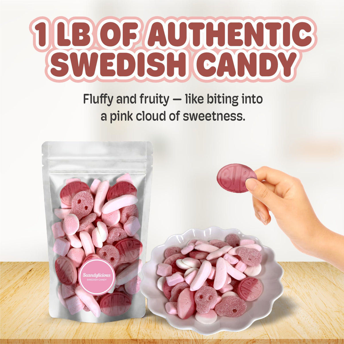 Scandylicious BUBS Pink Mix is a giftable pink candy for desks or gatherings.