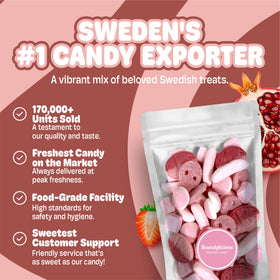 BUBS Pink Mix from Scandylicious delivers soft, fizzy bites with tangy strawberry flavors.