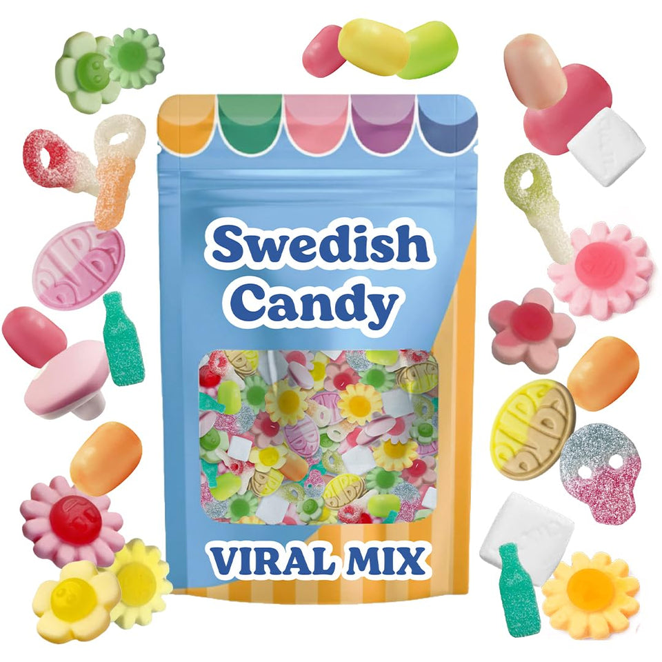 Scandylicious BUBS Swedish Candy Mix bag front with colorful fruity gummies for sharing.